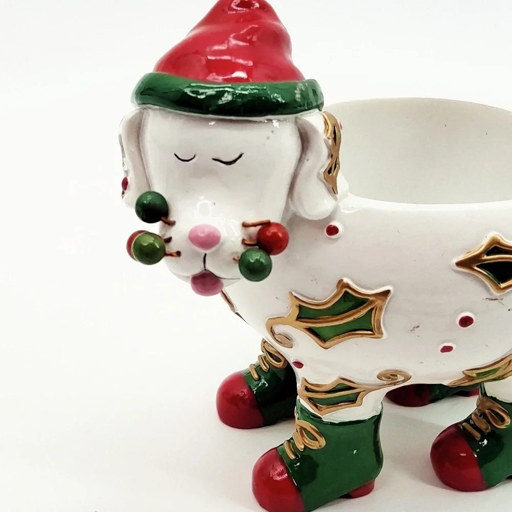 Vintage Ganz Whimsical Christmas Dog Candle Holder Ceramic Holly Berries